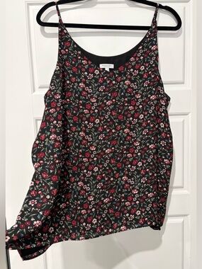 R Essentials Black Floral Camisole with Red and Pink Blooms